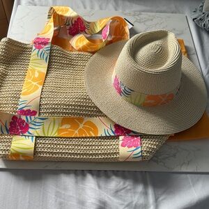 Beige Straw Hat and Tote with Tropical Floral Design